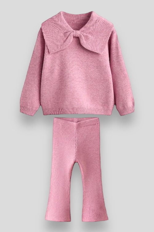 Triko Fiyonk Desenli Kışlık Pamuklu Sweatshirt Tayt Alt-Üst Takım Kız Çocuk 