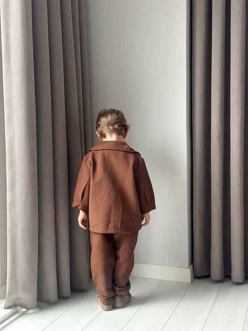 Erkek Çocuk Pamuklu Kahverengi Düğmeli Ceket ve Pantolon Takım