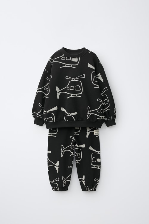 Çocuk Pamuklu Helikopter Desenli Siyah Sweatshirt ve Eşofman Altı Takımı