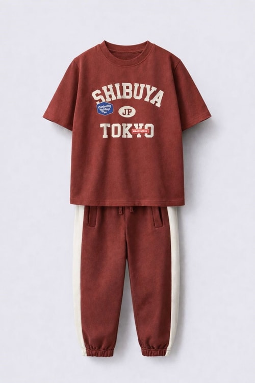 Erkek Çocuk Pamuklu Kiremit Tokyo Baskılı T-Shirt ve Eşofman Takım