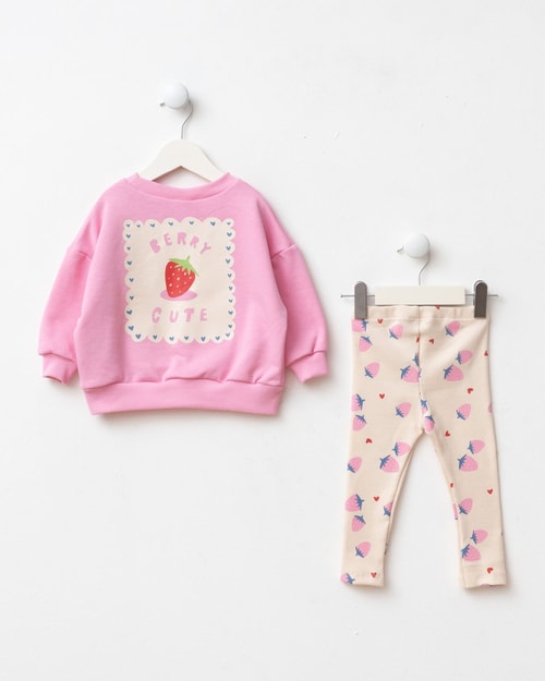 Kız Çocuk Çilek Nakışlı Pembe Sweatshirt ve Tayt Takımı