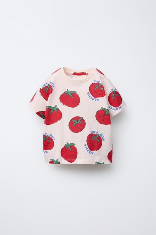Unisex Çocuk Pamuklu Krem Domates Desenli T-Shirt Şort Takım