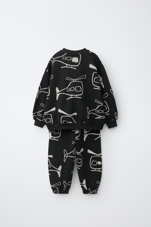 Çocuk Pamuklu Helikopter Desenli Siyah Sweatshirt ve Eşofman Altı Takımı