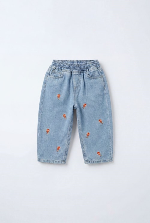 Unisex Çocuk Pamuklu Balon Nakışlı Oversize Kot Pantolon