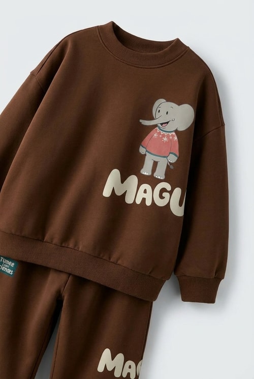 Çocuk Magu and Milo Kahverengi Sweatshirt ve Eşofman Altı Takımı