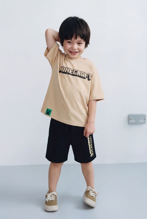 Erkek Çocuk Pamuklu Bej Piksel Oyun Temalı T-Shirt Şort Takım