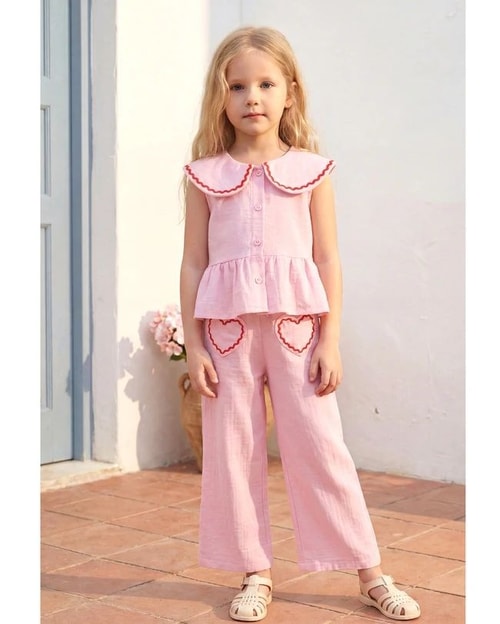 Kız Çocuk Pembe Kalp Pantolon Takım