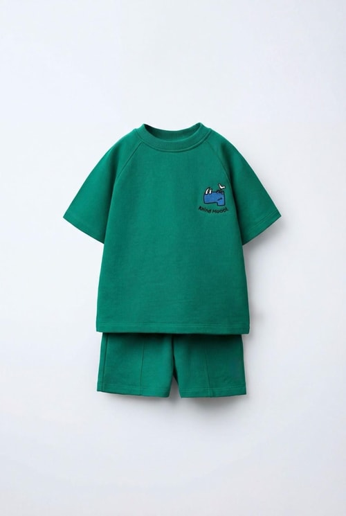 Unisex Çocuk Pamuklu Yeşil Gergedan Nakışlı T-Shirt Şort Takım