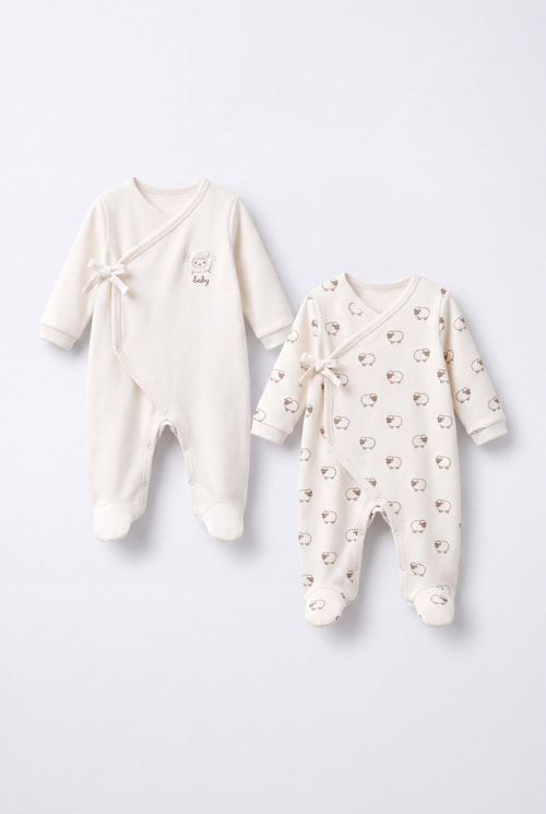 Bebek Pamuklu Kuzu Nakışlı Ekru Kruvaze Patikli Tulum 2li Set
