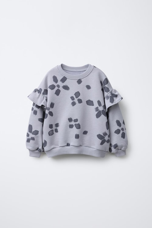 Kız Çocuk Pamuklu Gri Çiçek Desenli Sweatshirt ve Tayt Takım - Rahat Kesim, Fırfır Detaylı