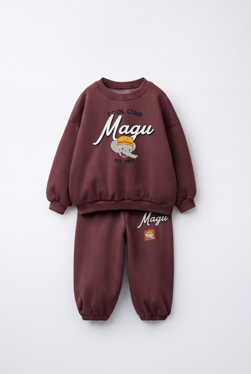 Çocuk Pamuklu Magu Baskılı Kahverengi Sweatshirt ve Eşofman Altı Takımı
