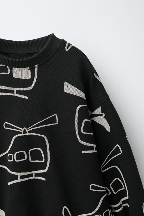 Çocuk Pamuklu Helikopter Desenli Siyah Sweatshirt ve Eşofman Altı Takımı