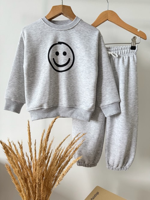 Çocuk Pamuklu Baskılı Gri Sweatshirt ve Eşofman Altı Takımı