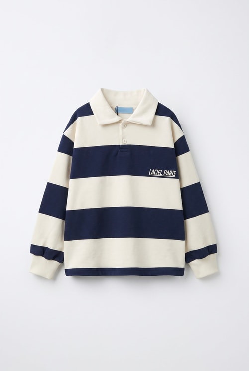 Çocuk Pamuklu Lacivert Ekru Çizgili Polo Yaka Sweatshirt