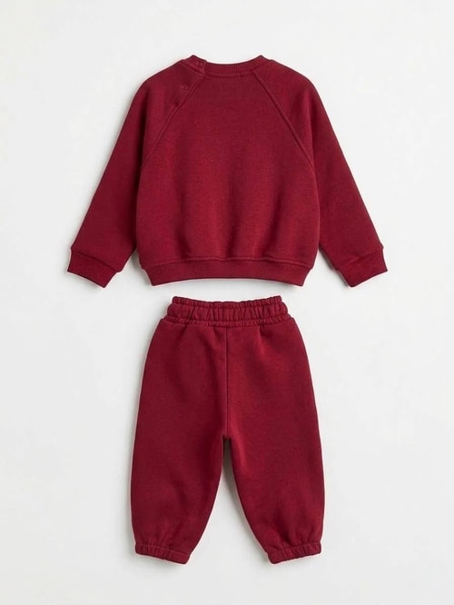 Çocuk Pamuklu Ayıcık Nakışlı Bordo Sweatshirt ve Eşofman Altı Takımı