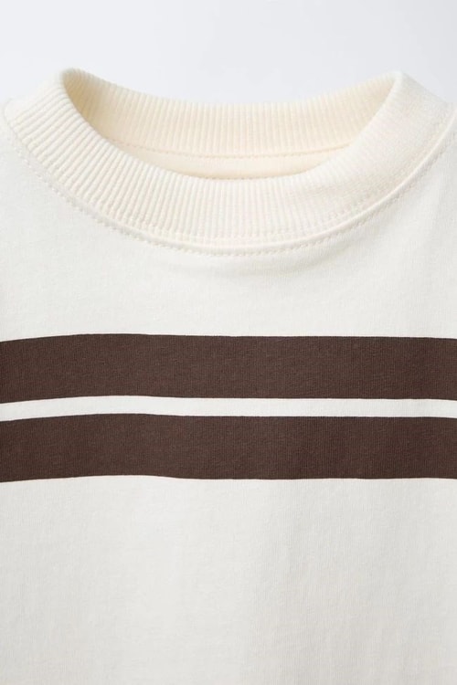 Çocuk Pamuklu Ekru Kahverengi Şeritli T-shirt Şort Takım