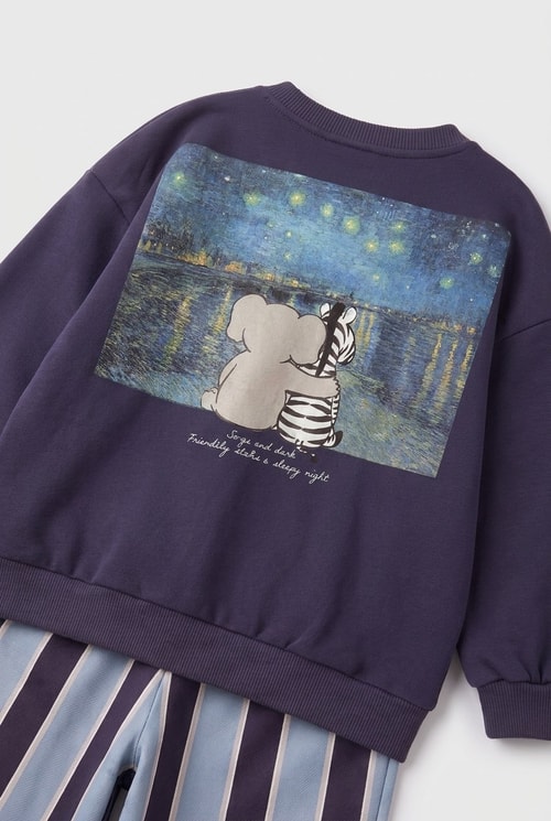 Çocuk Pamuklu Magu And Milo Lacivert Sweatshirt ve Çizgili Eşofman Takımı