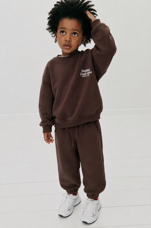 Çocuk Cool Vibes Baskılı Kahverengi Sweatshirt ve Eşofman Altı Takımı