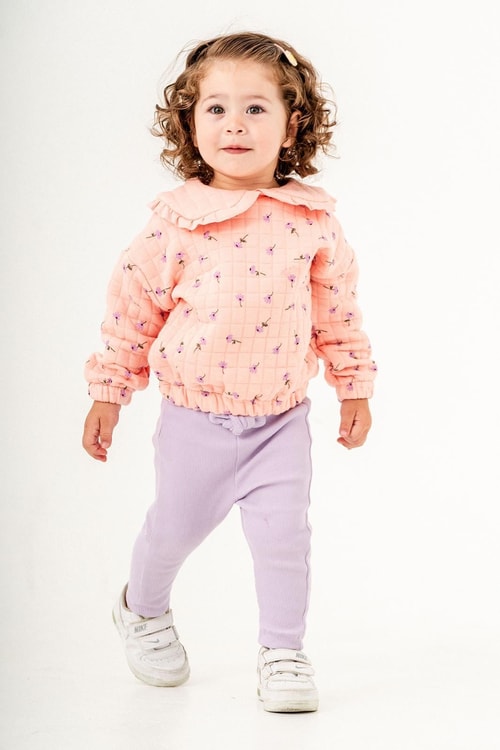 Çiçek Desenli Bebe Yaka Sweatshirt Tayt Set Alt-üst Takım Kız Çocuk