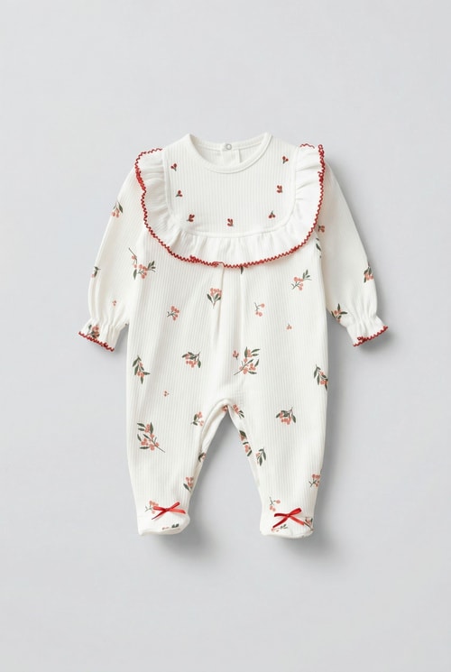 Kız Bebek Pamuklu Ekru Çiçek Desenli Tulum ve Bandana Set