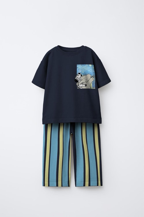  Çocuk Pamuklu Lacivert Sevimli Magu and Milo Baskılı Takım - Cepli T-Shirt & Çizgili Pantolon