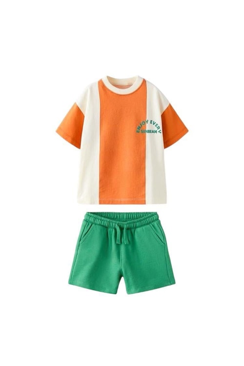 Erkek Çocuk Pamuklu Yeşil Turuncu Sloganlı T-shirt ve Şort Takım – Sunbeam Yazısı Detaylı