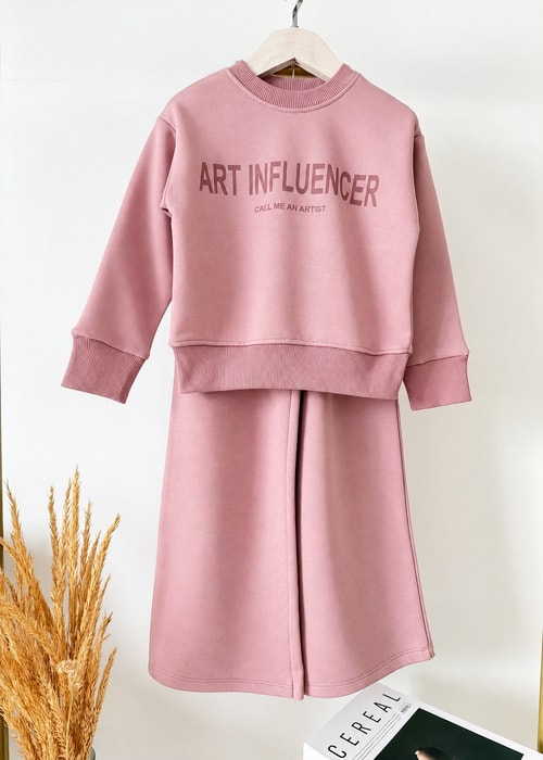 Kız Çocuk Pamuklu Pembe Sweatshirt ve Eşofman Takımı