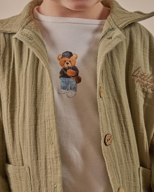 Erkek Çocuk Pamuklu Haki Müslin Ceketli T-Shirtli Pantolon Takım