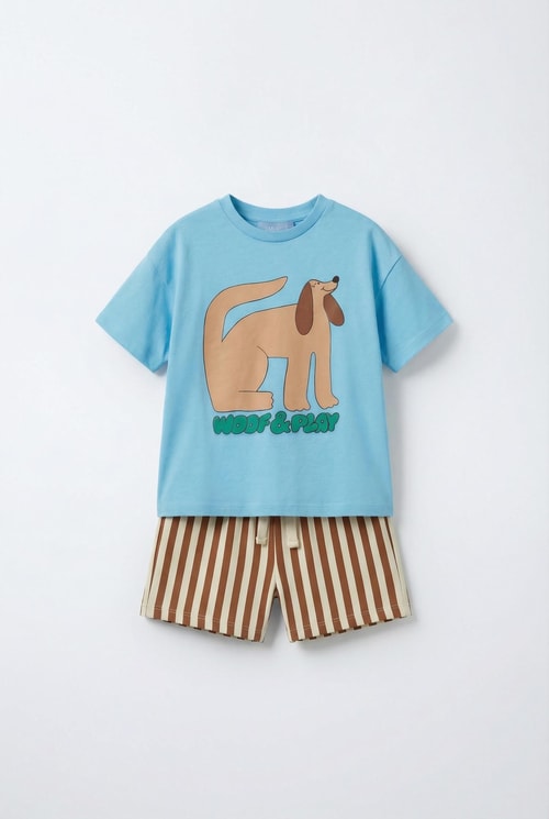 Çocuk Pamuklu Mavi Köpek Baskılı T-Shirt ve Çizgili Şort Takım