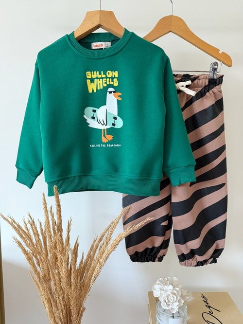 Çocuk Pamuklu Oversize Baskılı Yeşil Sweatshirt ve Desenli Eşofman Altı Takımı