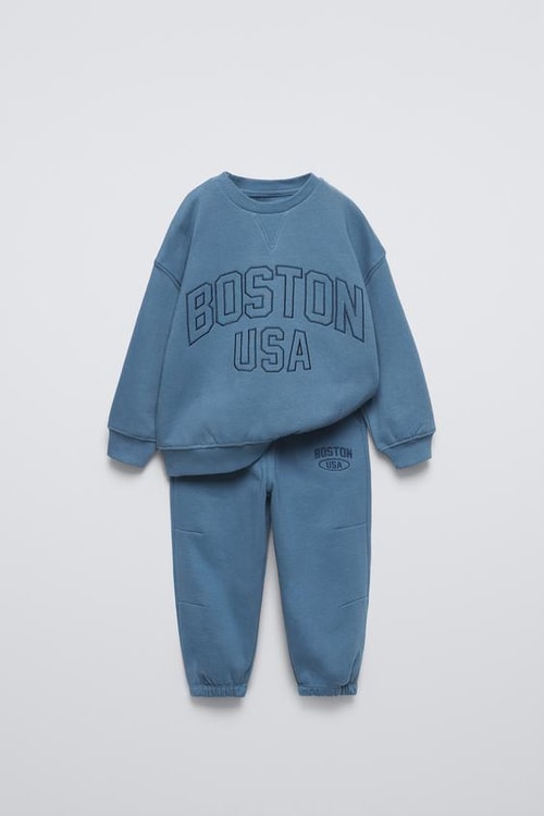 Erkek Çocuk Pamuklu Mavi Boston USA Baskılı Sweatshirt Eşofman Takım