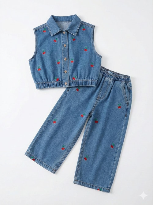 Kız Çocuk Pamuklu Mavi Kiraz Nakışlı Denim Takım - Kolsuz Gömlek Yaka & Geniş Paça Pantolon