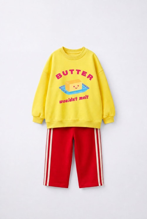 Çocuk Pamuklu Sarı Baskılı Sweatshirt ve Kırmızı Şeritli Pantolon Takımı