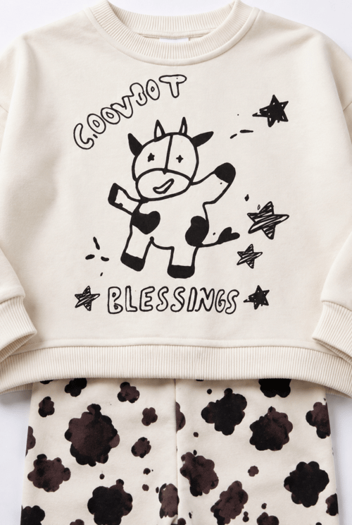 Çocuk İnek Baskılı Ekru Sweatshirt ve Desenli Eşofman Altı Takımı