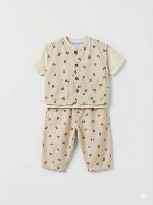Unisex Çocuk Pamuklu Bej Ayıcık Desenli Düğmeli Cepli Yelek Pantolon Takım
