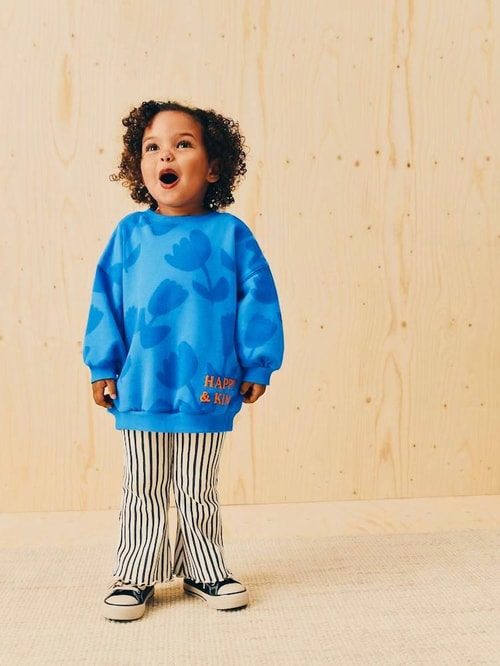 Kız Çocuk Pamuklu Mavi Çiçek Desenli Sweatshirt Çizgili Pantolon Takım