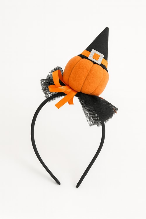Kız Çocuk Pamuklu Balkabağı Şapkalı Halloween Tacı – Tül Fiyonklu Parlak Saç Aksesuarı