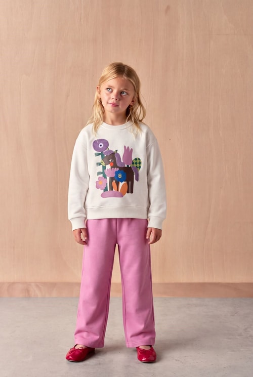 Kız Çocuk At Figürlü Ekru Sweatshirt ve Lila Eşofman Takımı