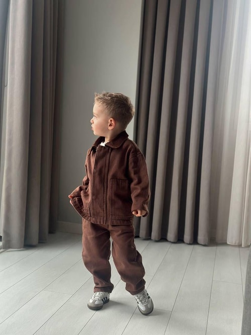 Erkek Çocuk Pamuklu Kahverengi Ceket ve Pantolon Takım