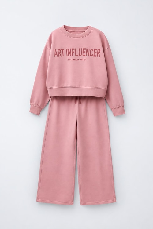 Kız Çocuk Pamuklu Pembe Sweatshirt ve Eşofman Takımı