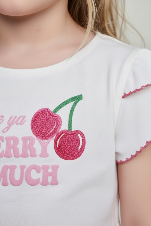 Kız Çocuk Pamuklu Ekru Kiraz Baskılı T-Shirt ve Pembe Pötikare Etek Takım