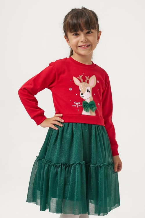 Kız Çocuk Pamuklu Kırmızı Geyik Desenli Sweatshirt ve Yeşil Tül Etek Takımı - Yılbaşı Konseptli