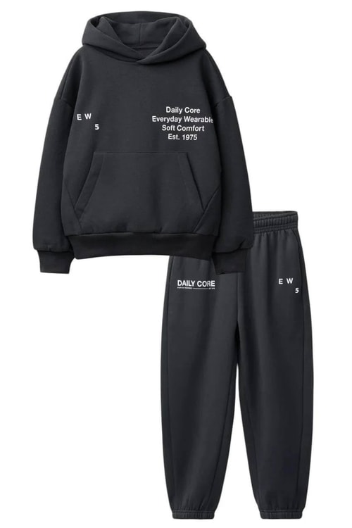Çocuk Pamuklu Daily Core Baskılı Siyah Kapüşonlu Sweatshirt ve Eşofman Altı Takımı