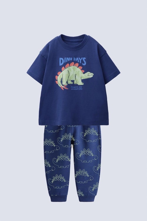 Erkek Çocuk Pamuklu Lacivert Dinozor Baskılı T-Shirt ve Eşofman Altı 2li Takım