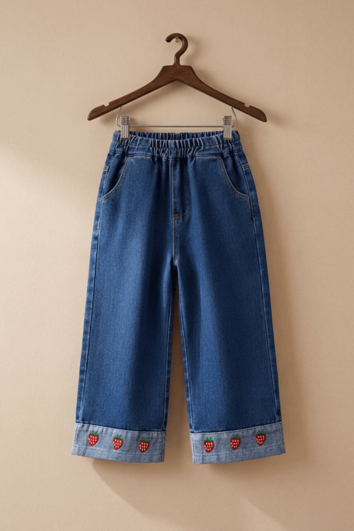 Kız Çocuk Pamuklu Mavi Çilek Nakışlı Jean Pantolon - Lastik Belli Bol Paça Model