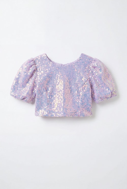 Lila Payetli Balon Kol Crop Bluz