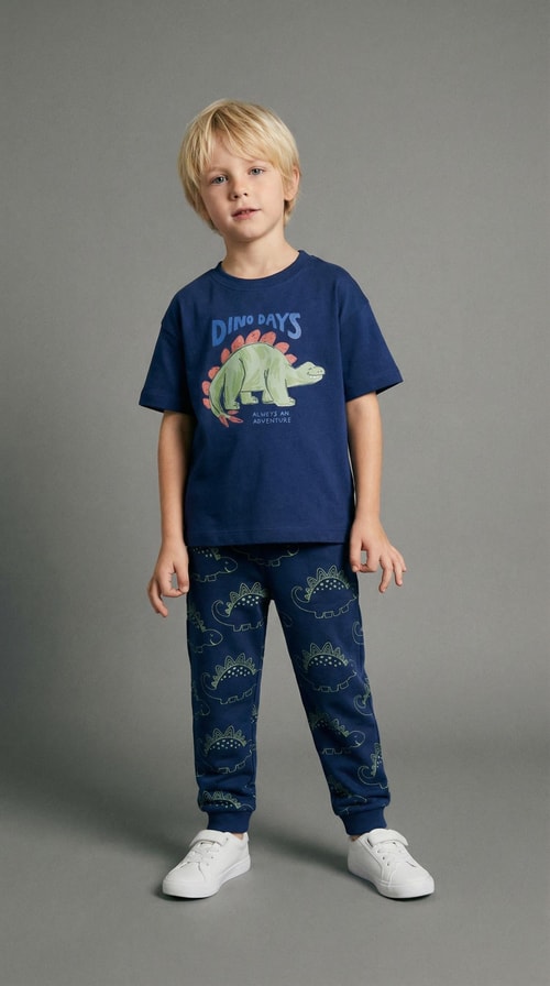 Erkek Çocuk Pamuklu Lacivert Dinozor Baskılı T-Shirt ve Eşofman Altı 2li Takım