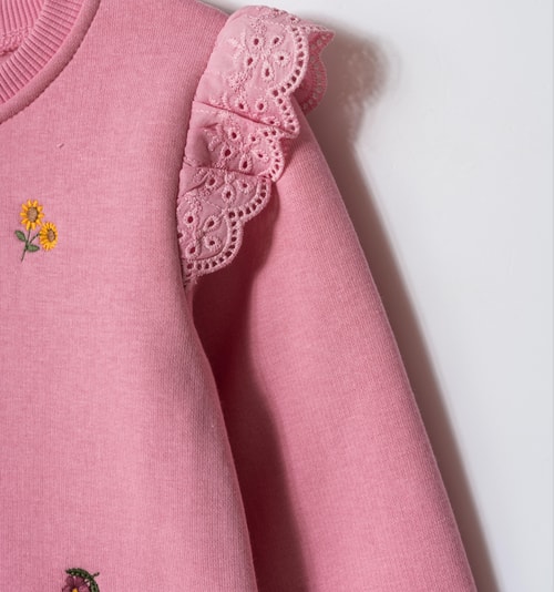 Kız Çocuk Pamuklu Pembe Çiçek Nakışlı Dantel Detaylı Sweatshirt ve Eşofman Takım