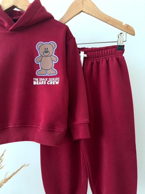 Çocuk  Ayıcık Baskılı Bordo Kapüşonlu Sweatshirt ve Eşofman Altı Takımı