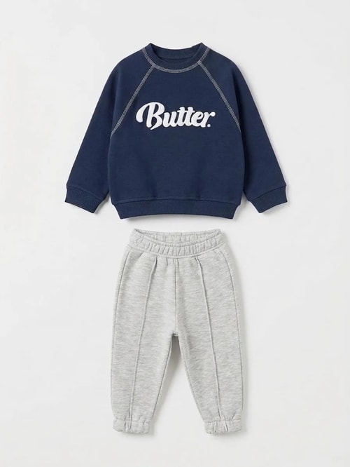 Bebek Pamuklu Butter Baskılı Lacivert Sweatshirt ve Gri Eşofman Altı Takımı